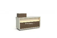 Modern compact straight reception desk featuring a space-saving commercial laminate build designed to maximize functionality in smaller lobby footprints