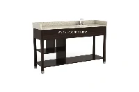 Modern open leg vanity top featuring an integrated solid-surface basin and a clean-lined structural metal or wood leg framework for a light, architectural feel