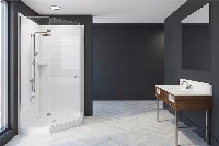 Sleek architectural divider surround showcasing grout-free, water-tight panels that turn a privacy partition into a fully functional shower zone