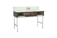 Modern metal frame vanity featuring an integrated solid-surface basin and a structural, industrial-inspired base