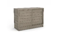 Modern slatted gray wash storage cabinet featuring rustic wood plank doors and compact side storage