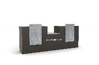 Modern dual-panel reception desk featuring high-density commercial construction with twin layered front panels to create dynamic architectural depth