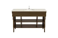 Sleek multi-tier bathroom vanity showcasing dual parallel open shelves and a refined, minimalist silhouette for a spacious, hotel-inspired look.