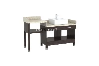 Modern double sink vanity featuring dual integrated solid-surface basins for upscale master baths