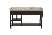 Sleek architectural vanity counter showcasing a minimalist open-leg silhouette and a refined, airy base design that maximizes surrounding bathroom space
