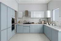 Minimalist dual-wall cabinetry featuring integrated storage systems and a low-profile, geometric frame on both sides of a central walkway