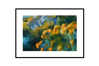 Vibrant abstract painting with expressive, sweeping brushstrokes forming stylized floral shapes