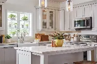 Modern classic kitchen cabinetry featuring elegant recessed-panel doors and a timeless, symmetrical silhouette for a refined culinary space