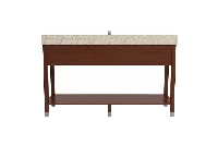 Minimalist geometric vanity station featuring a low-profile counter surface and a uniform, high-quality finish over an open, linear slat structure