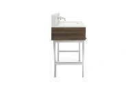 Sleek matte metal vanity counter showcasing a minimalist geometric frame that keeps the bathroom layout feeling airy
