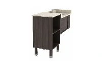 Minimalist powder room vanity station offering a sleek, full-coverage storage cabinet for tight layouts