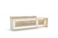 Contemporary open-base front desk with an industrial metal frame and contrast surface panels, offering an open, light-permeable lobby aesthetic