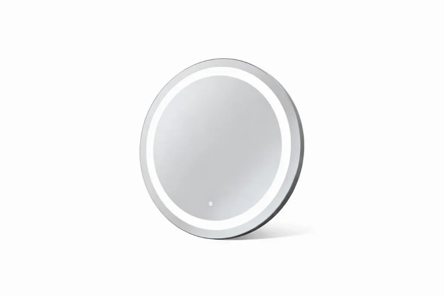 Contemporary round halo-lit mirror designed for sophisticated resort vanity areas