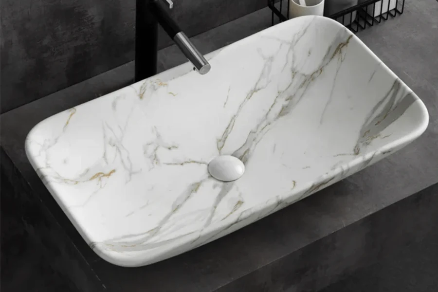 Modern rectangular vessel sink featuring a distinctive sloped interior for efficient drainage and a sleek look