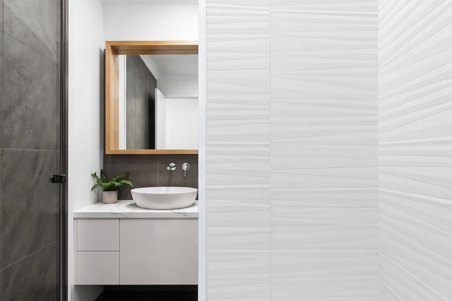Contemporary recess shower unit with low-maintenance monolithic walls designed for a flush, uncluttered architectural fit