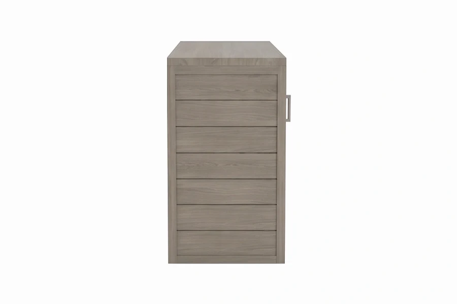 Sleek gray sliding door console with dual slatted doors minimalist metal pulls and integrated wire paths