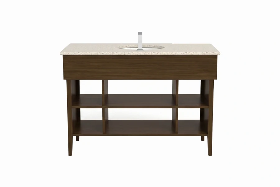 Minimalist geometric vanity station featuring a low-profile counter surface and a uniform, high-quality finish over a layered open framework