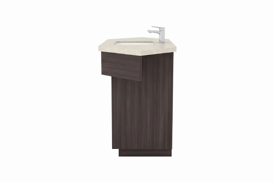 Minimalist angled vanity station featuring a low-profile perimeter frame and an uninterrupted visual flow that turns underutilized corners into a functional focal point