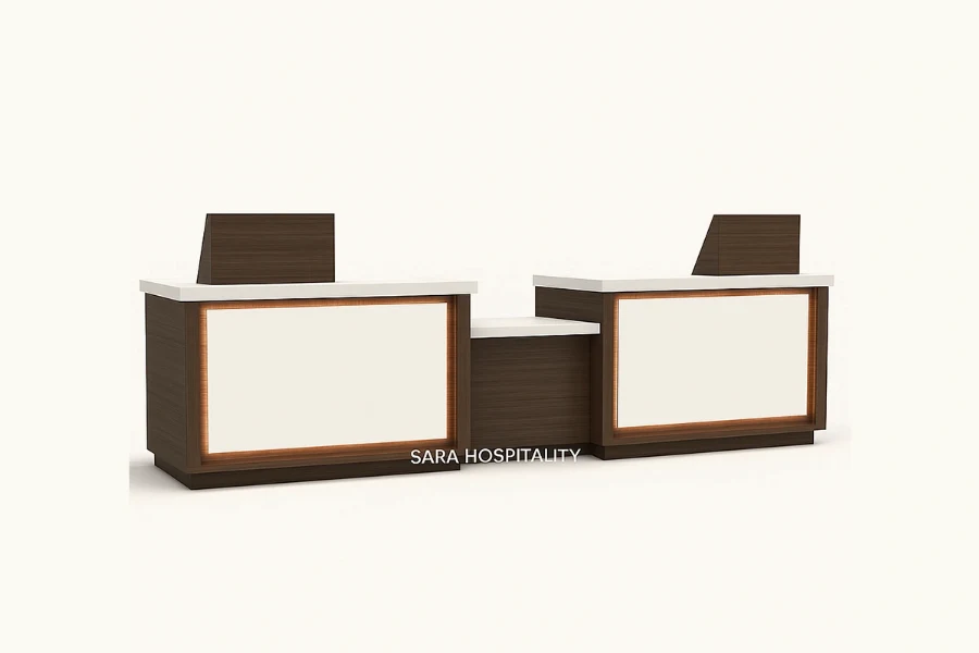 Sleek two-person reception counter showcasing a shared privacy riser with clean, linear accent paneling and concealed cable-management channels
