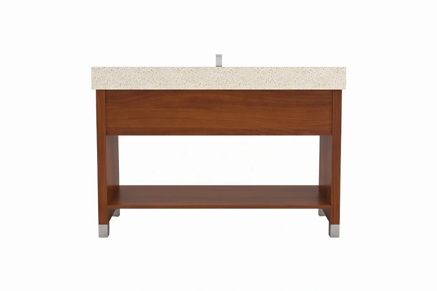 Minimalist apron-style vanity station featuring a low-profile integrated counter and an uninterrupted visual flow across its high-quality front shielding