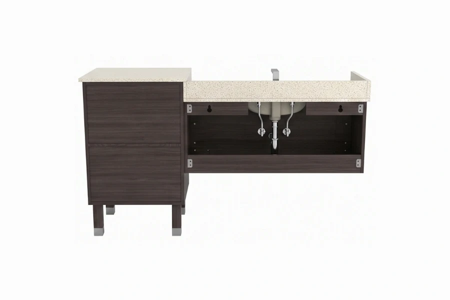 Contemporary enclosed compact vanity with a sturdy solid-surface top and hardware-free cabinet fronts.
