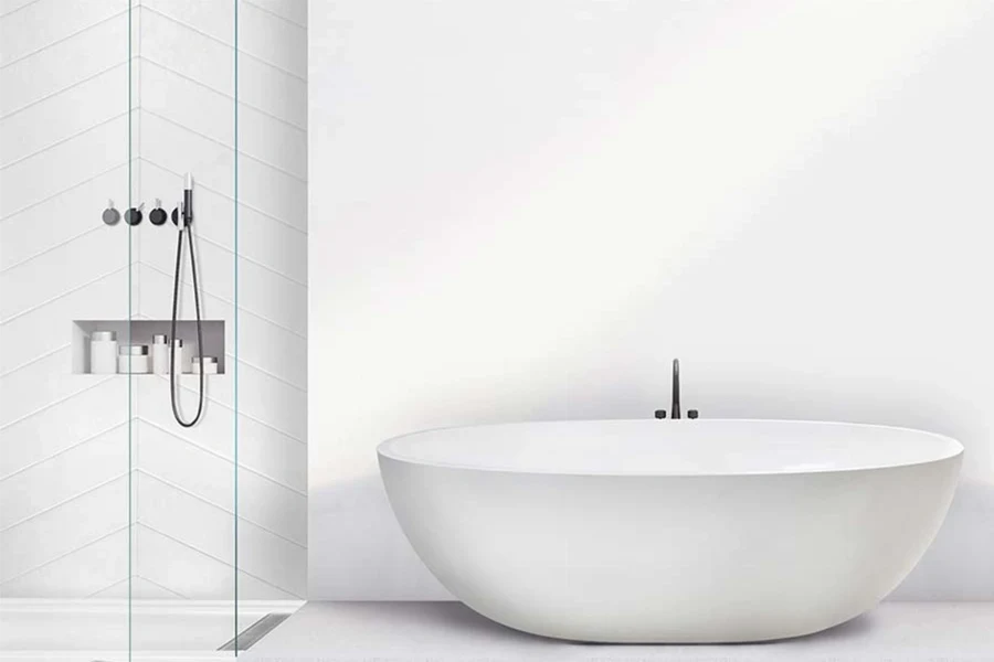 Modern open-basin surround featuring high-walled solid-surface panels engineered to pair seamlessly with low-profile, barrier-free floor basins