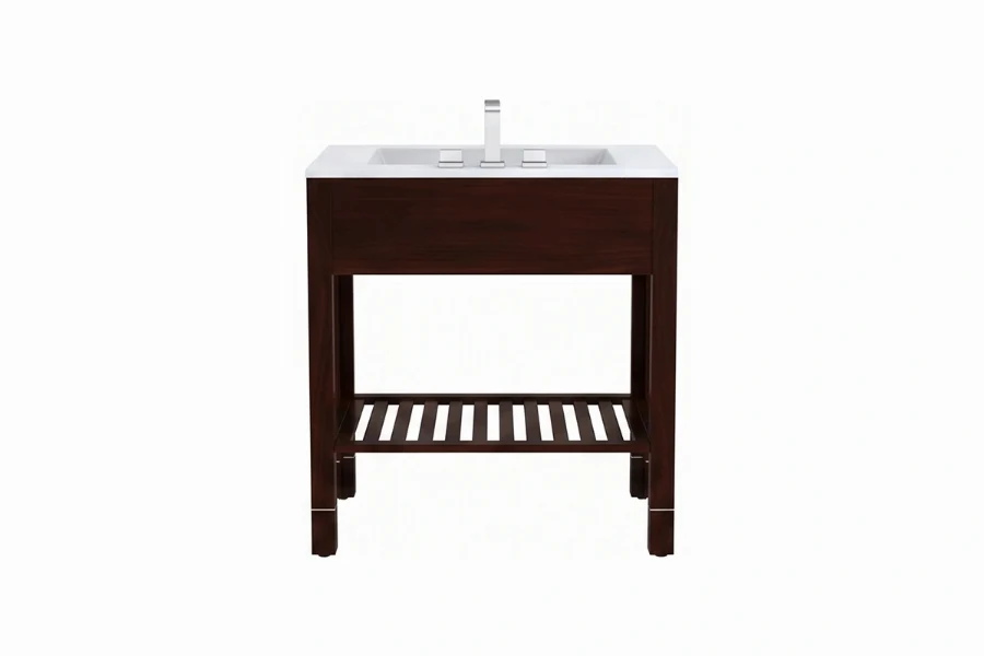 Minimalist decorative vanity station featuring a low-profile counter surface and a uniform, high-quality finish over an open, intersecting grid framework