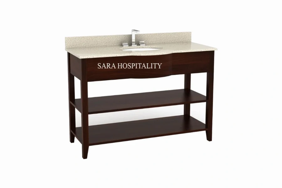Modern lower shelf vanity top featuring an integrated solid-surface basin and a clean-lined architectural frame with a spacious, low-slung storage tier