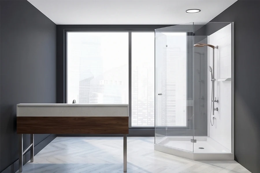 Minimalist space-separating surround station offering complete heavy-duty moisture protection for structural half-walls and walk-in T-walls
