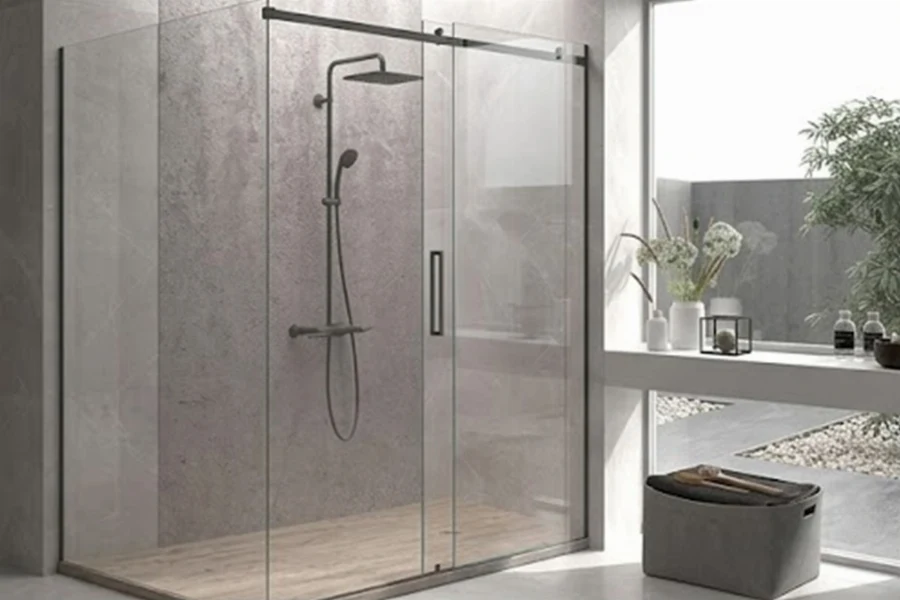 Minimalist walk-through surround station offering high-impact moisture protection and a streamlined visual flow for expansive shower spaces