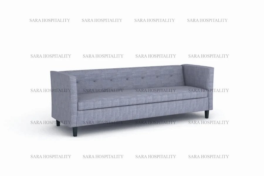 Contemporary upholstered sofa with minimalist button detailing and tapered wooden legs