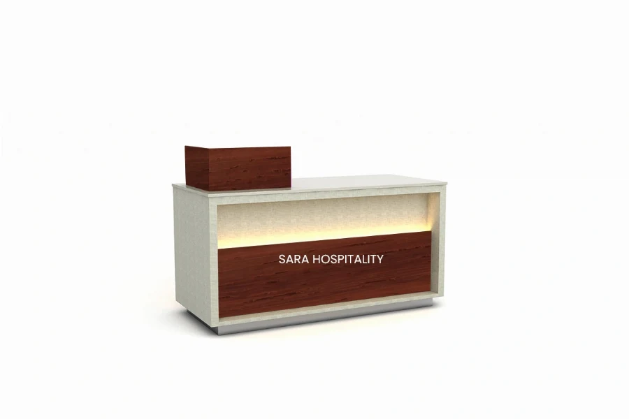 Minimalist straight-line reception station providing a smooth, high-durability desktop paired with a low-maintenance, compact architectural facade