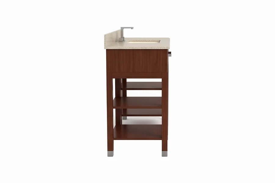 Contemporary slatted-base vanity counter with a sturdy, monolithic top and an exposed under-sink slatted deck that maximizes ventilation and storage