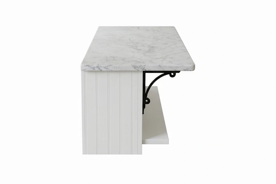Sleek designer kitchen island showcasing a continuous stone or wood grain that wraps over the edge for a refined, high-end aesthetic