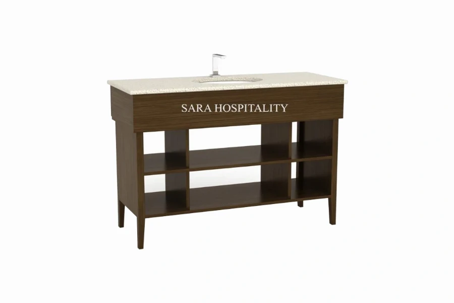 Modern double shelf vanity top featuring an integrated solid-surface basin and a clean-lined architectural frame with two tiers of open lower storage