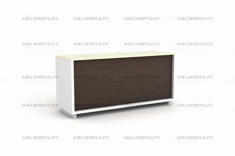 Modern reception front desk featuring a high-profile privacy screen and a seamless, expansive work surface