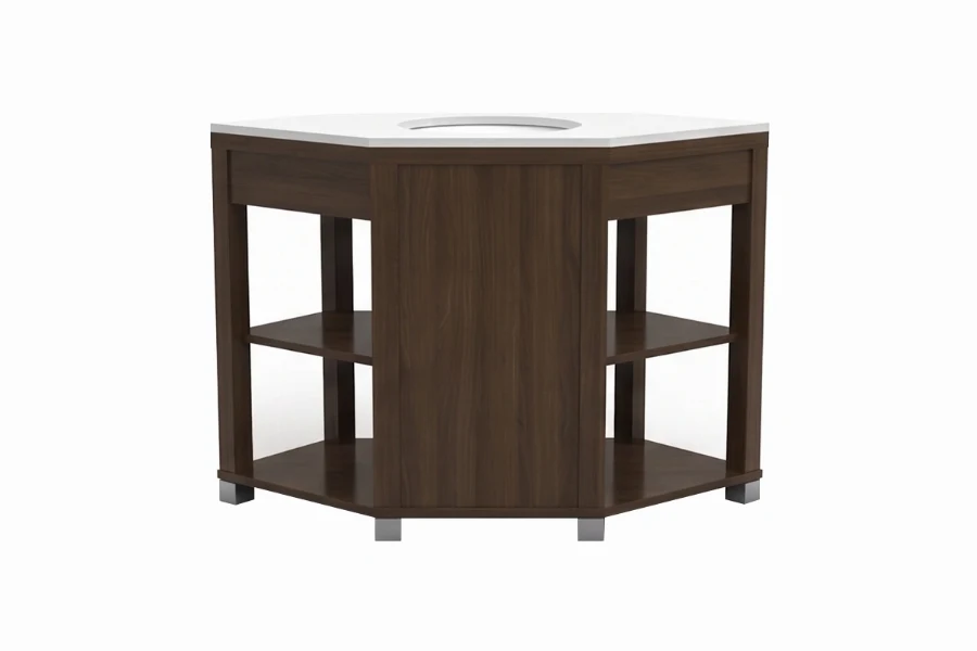 Contemporary open-shelf vanity unit with a sturdy monolithic top and a clean, slatted open-concept base