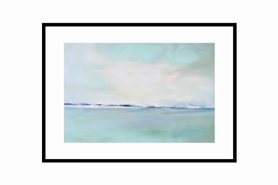 Modern coastal painting featuring a serene shoreline with soft waves and a hazy horizon