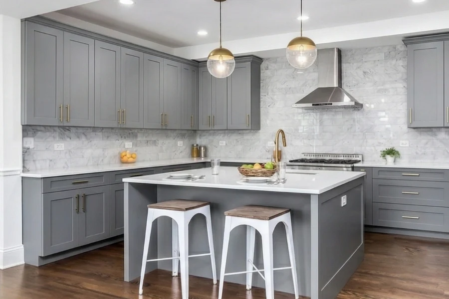 Minimalist kitchen island featuring flush-front cabinetry and a low-profile frame designed for both food prep and social seating