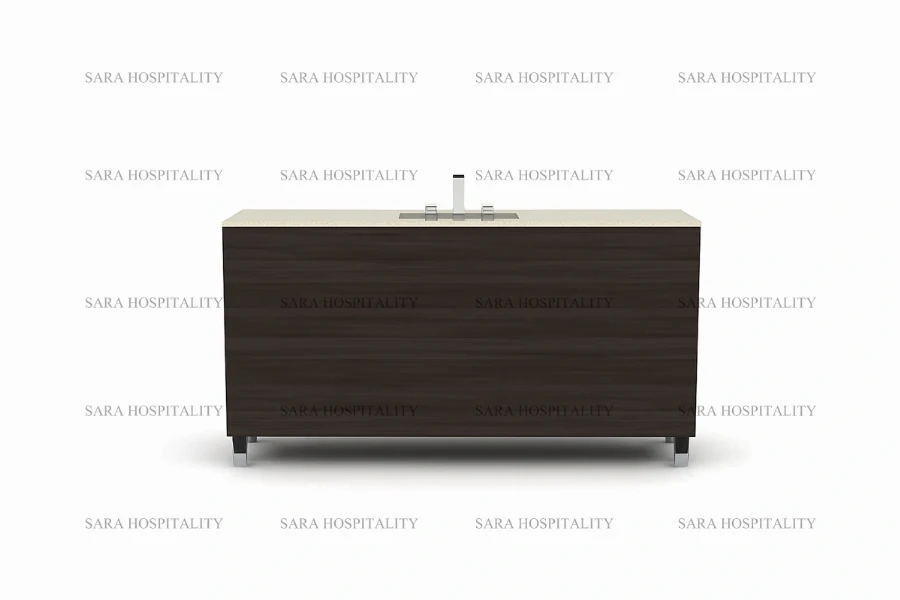 Modern minimal storage vanity base designed for compact boutique hotel ensuites