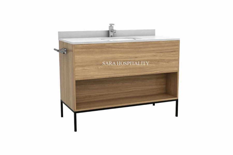 Modern storage vanity top featuring an integrated solid-surface basin and an organized, multi-tier hidden compartment layout