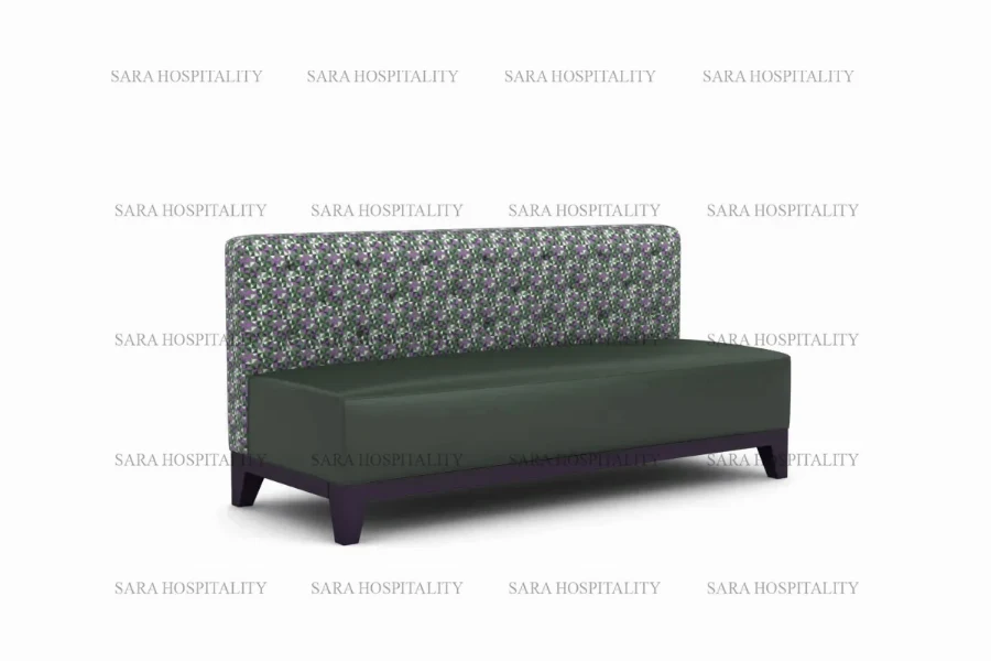 Architectural long-form bench with a thick padded top and a professional, low-profile design for hospitality spaces