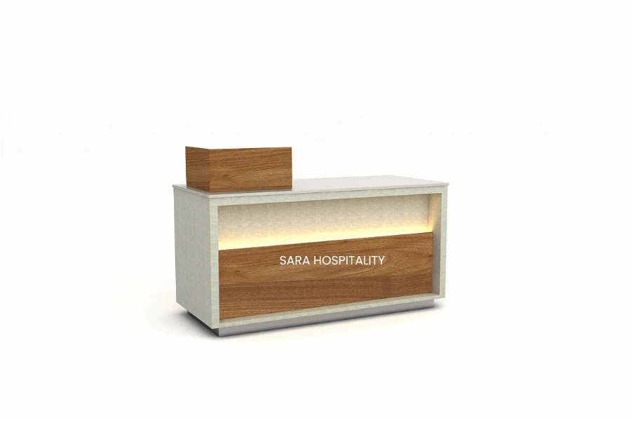 Sleek space-saving reception counter showcasing a clean, linear front profile with a raised transaction ledge and integrated cable-management channels