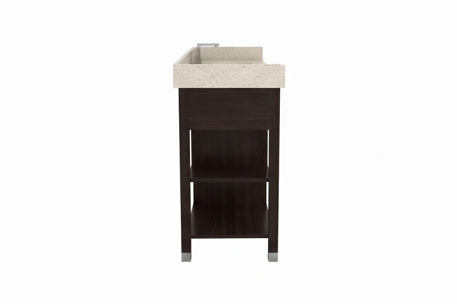 Contemporary open-base vanity unit with a sturdy, monolithic top and exposed, streamlined supporting legs tailored for a boutique hotel-inspired look