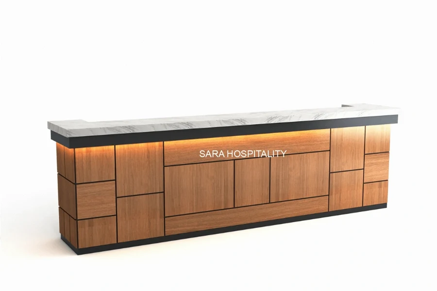 Modern paneled front reception desk featuring high-density commercial construction with crisp, geometric surface paneling to elevate front-of-house aesthetics