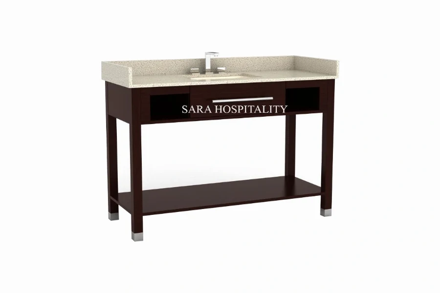 Modern open shelf vanity top featuring an integrated solid-surface basin and a clean-lined architectural frame with an accessible lower storage tier