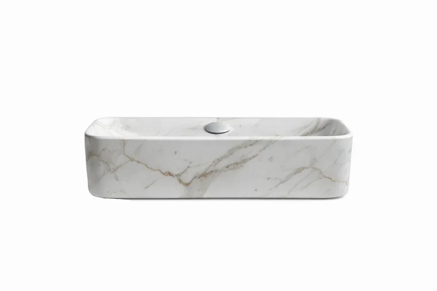 Contemporary stone-textured sink showcasing a clean rectangular shape and a sophisticated sloped basin design
