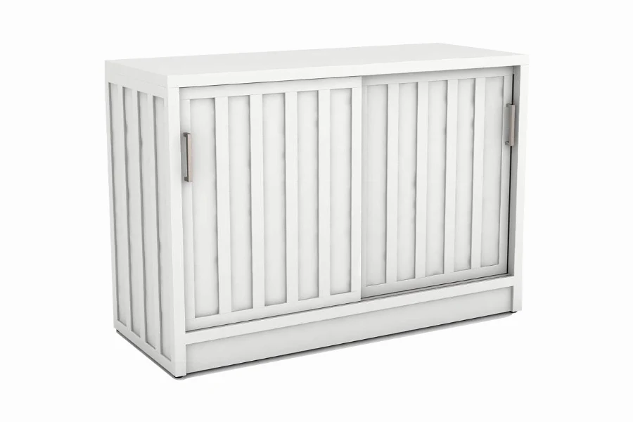 Modern slatted front media unit featuring clean lines and hidden wire management for components