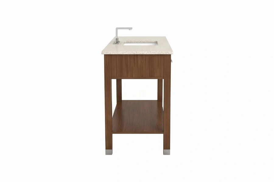 Contemporary small-footprint vanity unit with a sturdy solid-surface top and an exposed lower tier designed for accessible, hotel-style towel storage
