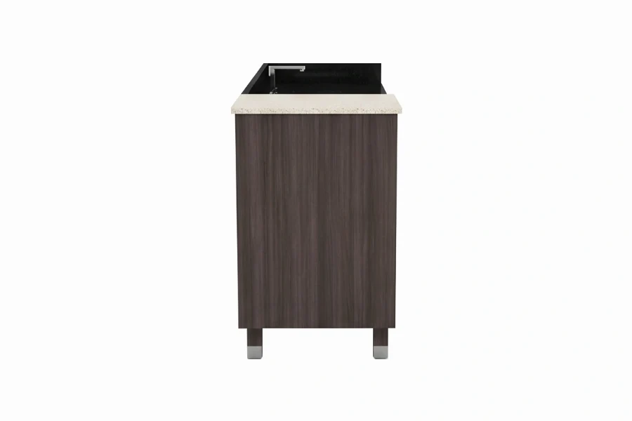 Minimalist geometric vanity station offering a streamlined front panel and highly functional deep-drawer access